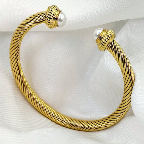 Gold Women's European Stainless Steel Cable Wire Cuff Bangle faux pearl - Picture 1 of 10